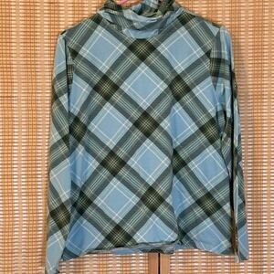 The Talbots Womens L Turtleneck Blue Plaid Long Sleeve Preppy Academia Active